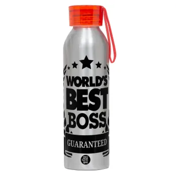 World's best boss stars, Αλουμινένιο Αθλητικό Μπουκάλι 650ml – Ασημί με Κόκκινο Καπάκι και Λουράκι Σιλικόνης