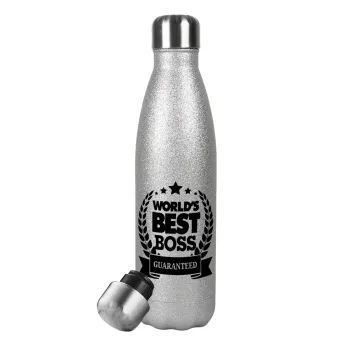 World's best boss stars, Μεταλλικό παγούρι θερμός Glitter Aσημένιο (Stainless steel), διπλού τοιχώματος, 500ml