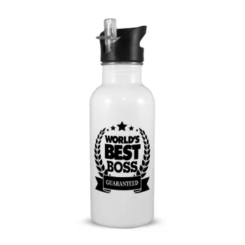 World's best boss stars, Παγούρι νερού Λευκό με καλαμάκι, ανοξείδωτο ατσάλι 600ml