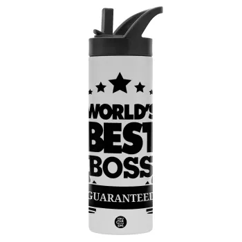World's best boss stars, Μεταλλικό παγούρι θερμός με καλαμάκι & χειρολαβή, ανοξείδωτο ατσάλι (Stainless steel 304), διπλού τοιχώματος, 600ml