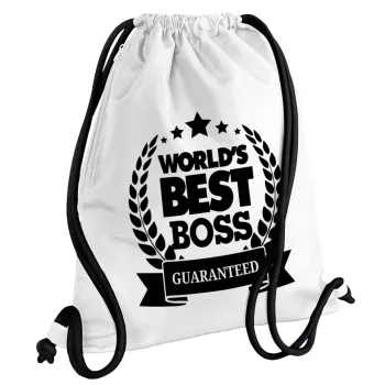 World's best boss stars, Backpack pouch GYMBAG white, with pocket (40x48cm) & thick cords