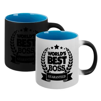 World's best boss stars, Κούπα Μαγική εσωτερικό μπλε, κεραμική 330ml που αλλάζει χρώμα με το ζεστό ρόφημα