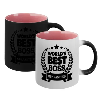 World's best boss stars, Κούπα Μαγική εσωτερικό ΡΟΖ, κεραμική 330ml που αλλάζει χρώμα με το ζεστό ρόφημα