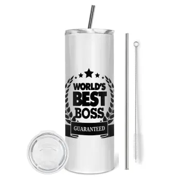 World's best boss stars, Tumbler ποτήρι θερμό από ανοξείδωτο ατσάλι 600ml, με μεταλλικό καλαμάκι & βούρτσα καθαρισμού