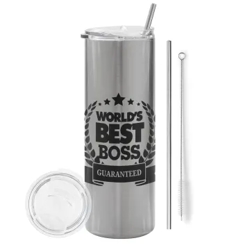 World's best boss stars, Tumbler ποτήρι θερμό Ασημένιο από ανοξείδωτο ατσάλι 600ml, με μεταλλικό καλαμάκι & βούρτσα καθαρισμού