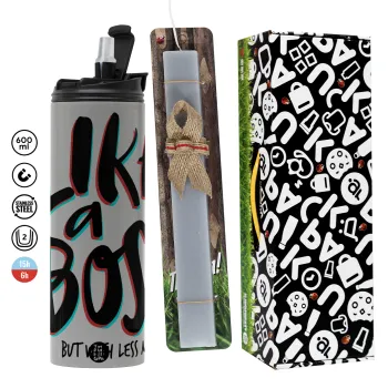 Like a boss, but with less money!!!, Πασχαλινή Λαμπάδα με Travel Tumbler θερμό (600ml, BPA free) & κερί αρωματικό πλακέ (30cm) (ΓΚΡΙ)