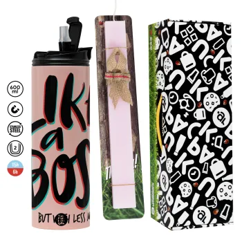 Like a boss, but with less money!!!, Πασχαλινή Λαμπάδα με  ΡΟΖ Travel Tumbler θερμό (600ml, BPA free) & κερί αρωματικό πλακέ (30cm) (ΡΟΖ)