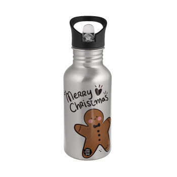 mr gingerbread, Water bottle Silver with straw, stainless steel 500ml
