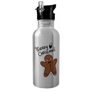 mr gingerbread, Water bottle Silver with straw, stainless steel 600ml