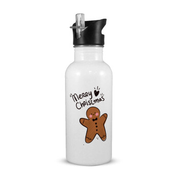 mr gingerbread, White water bottle with straw, stainless steel 600ml