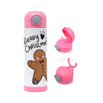 mr gingerbread, Children's hot water bottle, stainless steel, with safety straw, PINK (500ml)