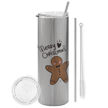 mr gingerbread, Eco friendly stainless steel Silver tumbler 600ml, with metal straw & cleaning brush