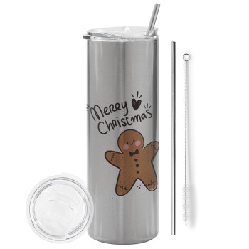 mr gingerbread, Tumbler stainless steel Silver 600ml, with metal straw & cleaning brush