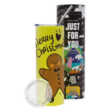mr gingerbread, Neon Yellow Travel Tumbler θερμό, μεταλλικό καλαμάκι(Ανωξείδωτο 304 Food grade, BPA free, 600ml)
