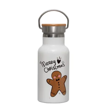mr gingerbread, Metallic thermos (Stainless steel) White with wooden lid (bamboo), double-walled, 350ml