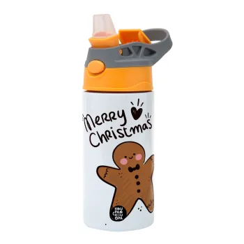 mr gingerbread, Children's hot water bottle, stainless steel, with safety straw, Orange/Grey (360ml) BPA-FREE
