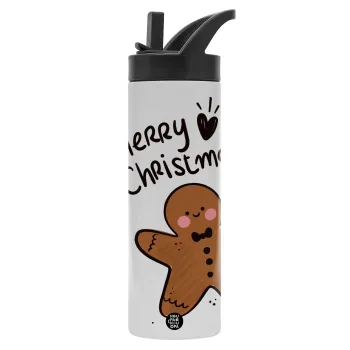 mr gingerbread, Metallic thermos bottle with straw & handle, stainless steel (Stainless steel 304), double-walled, 600ml.