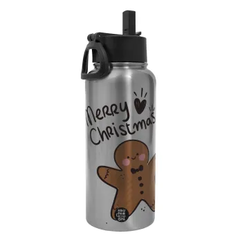 mr gingerbread, Metal mug thermo Silver with Straw and Spout Lid (Stainless steel), double wall, 950ml