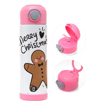 mr gingerbread, Παιδικό παγούρι θερμό, ανοξείδωτο, με καλαμάκι ασφαλείας, ΡΟΖ (500ml)