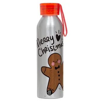 mr gingerbread, Αλουμινένιο Αθλητικό Μπουκάλι 650ml – Ασημί με Κόκκινο Καπάκι και Λουράκι Σιλικόνης