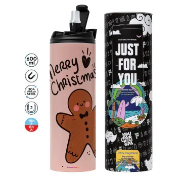 mr gingerbread, Tumbler ποτήρι θερμό ΡΟΖ από ανοξείδωτο ατσάλι 600ml
