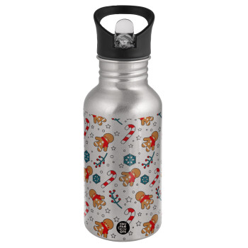 xmas gingerbread, Water bottle Silver with straw, stainless steel 500ml