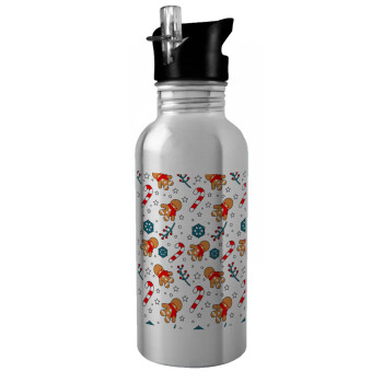 xmas gingerbread, Water bottle Silver with straw, stainless steel 600ml