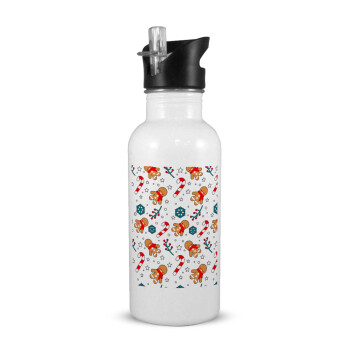 xmas gingerbread, White water bottle with straw, stainless steel 600ml