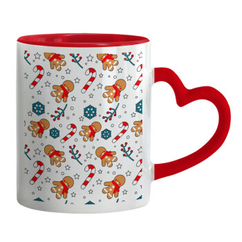 xmas gingerbread, Κούπα καρδιά χερούλι κόκκινη, κεραμική, 330ml