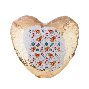 xmas gingerbread, Μαξιλάρι καναπέ καρδιά Μαγικό Χρυσό με πούλιες 40x40cm περιέχεται το  γέμισμα