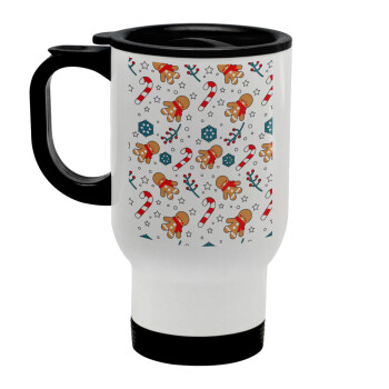 xmas gingerbread, Stainless steel travel mug with lid, double wall white 450ml