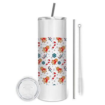 xmas gingerbread, Eco friendly stainless steel tumbler 600ml, with metal straw & cleaning brush