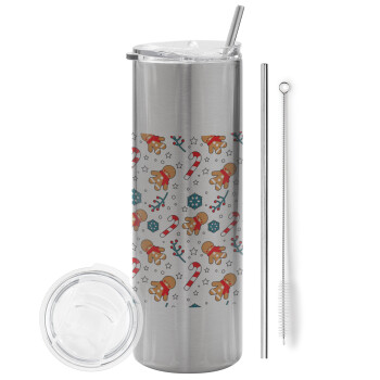 xmas gingerbread, Eco friendly stainless steel Silver tumbler 600ml, with metal straw & cleaning brush