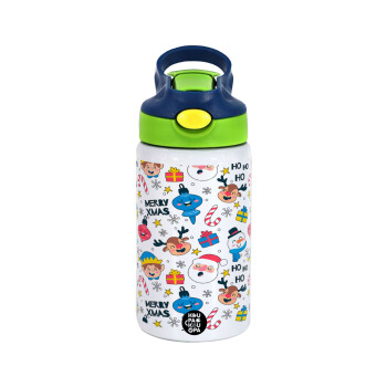 Merry Xmas ho ho ho, Children's hot water bottle, stainless steel, with safety straw, green, blue (350ml)
