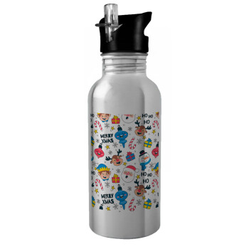 Merry Xmas ho ho ho, Water bottle Silver with straw, stainless steel 600ml