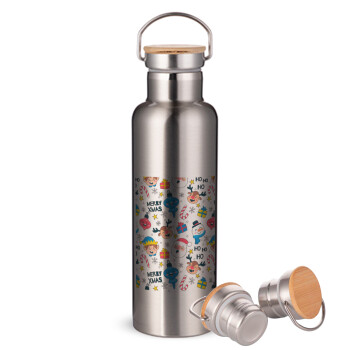 Merry Xmas ho ho ho, Stainless steel Silver with wooden lid (bamboo), double wall, 750ml