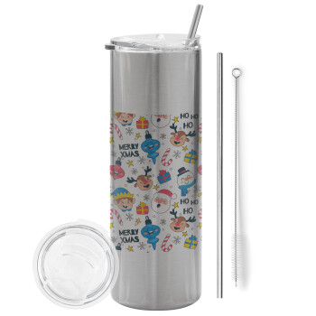Merry Xmas ho ho ho, Eco friendly stainless steel Silver tumbler 600ml, with metal straw & cleaning brush