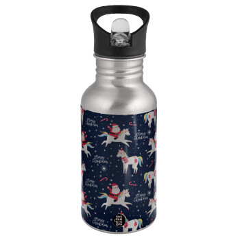 Unicorns & Santas, Water bottle Silver with straw, stainless steel 500ml