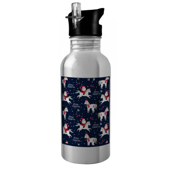 Unicorns & Santas, Water bottle Silver with straw, stainless steel 600ml