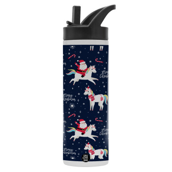 Unicorns & Santas, Μεταλλικό παγούρι θερμός με καλαμάκι & χειρολαβή, ανοξείδωτο ατσάλι (Stainless steel 304), διπλού τοιχώματος, 600ml