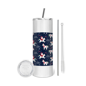 Unicorns & Santas, Eco friendly stainless steel tumbler 600ml, with metal straw & cleaning brush