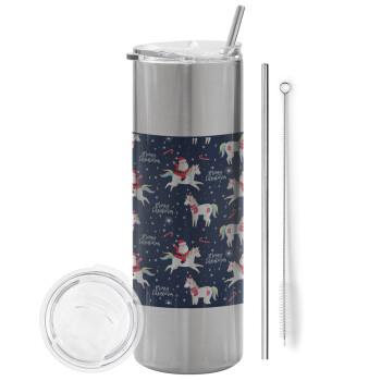 Unicorns & Santas, Eco friendly stainless steel Silver tumbler 600ml, with metal straw & cleaning brush