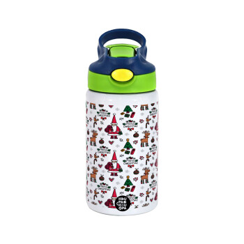 Santas, Deers & Trees, Children's hot water bottle, stainless steel, with safety straw, green, blue (350ml)