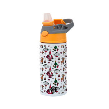 Santas, Deers & Trees, Παιδικό παγούρι θερμό, ανοξείδωτο, με καλαμάκι ασφαλείας, Πορτοκαλί/Γκρι (360ml) BPA-FREE