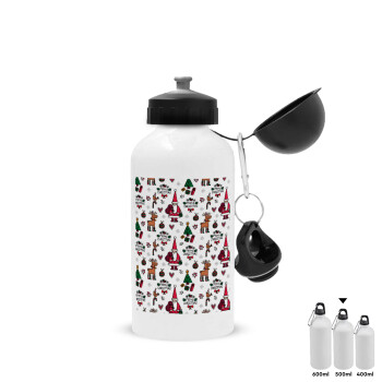 Santas, Deers & Trees, Metal water bottle, White, aluminum 500ml