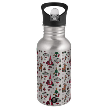 Santas, Deers & Trees, Water bottle Silver with straw, stainless steel 500ml