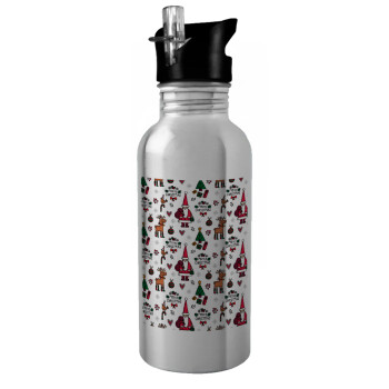 Santas, Deers & Trees, Water bottle Silver with straw, stainless steel 600ml