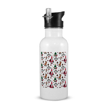 Santas, Deers & Trees, White water bottle with straw, stainless steel 600ml