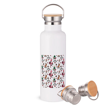 Santas, Deers & Trees, Stainless steel White with wooden lid (bamboo), double wall, 750ml