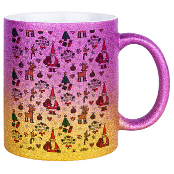 Santas, Deers & Trees, Κούπα Χρυσή/Ροζ Glitter, κεραμική, 330ml